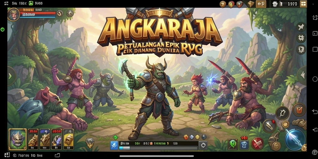 Screenshot utama ANGKARAJA menampilkan suasana pertempuran epik dan karakter yang kuat.