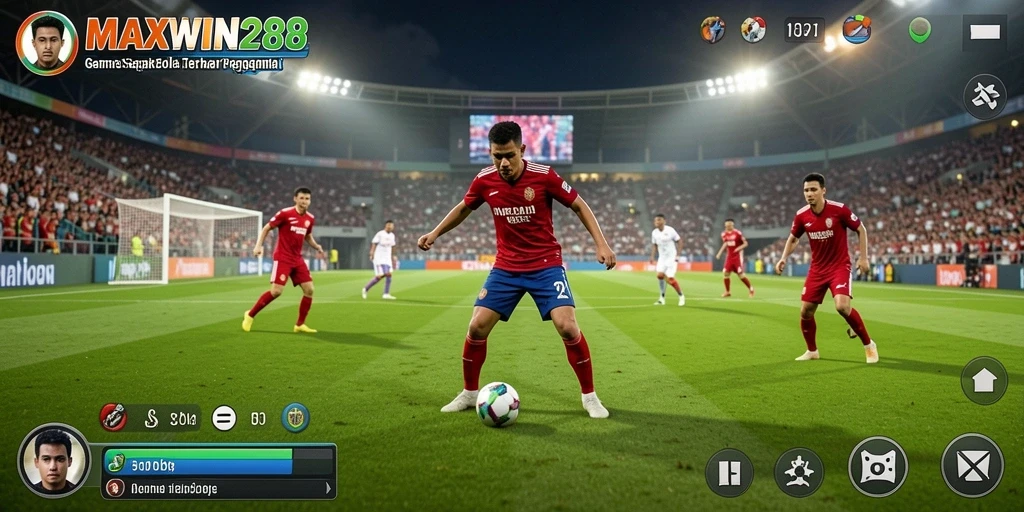 Tangkapan layar gameplay MAXWIN288 menunjukkan aksi seru di lapangan sepak bola.