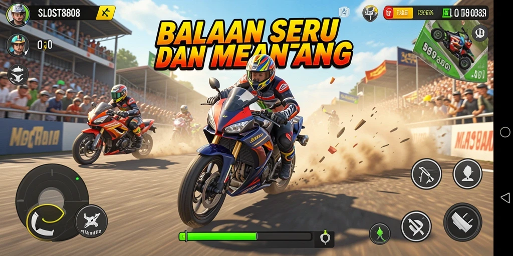 Screenshot gameplay <strong>SLOST8808</strong> menunjukkan aksi balapan motor yang mendebarkan.