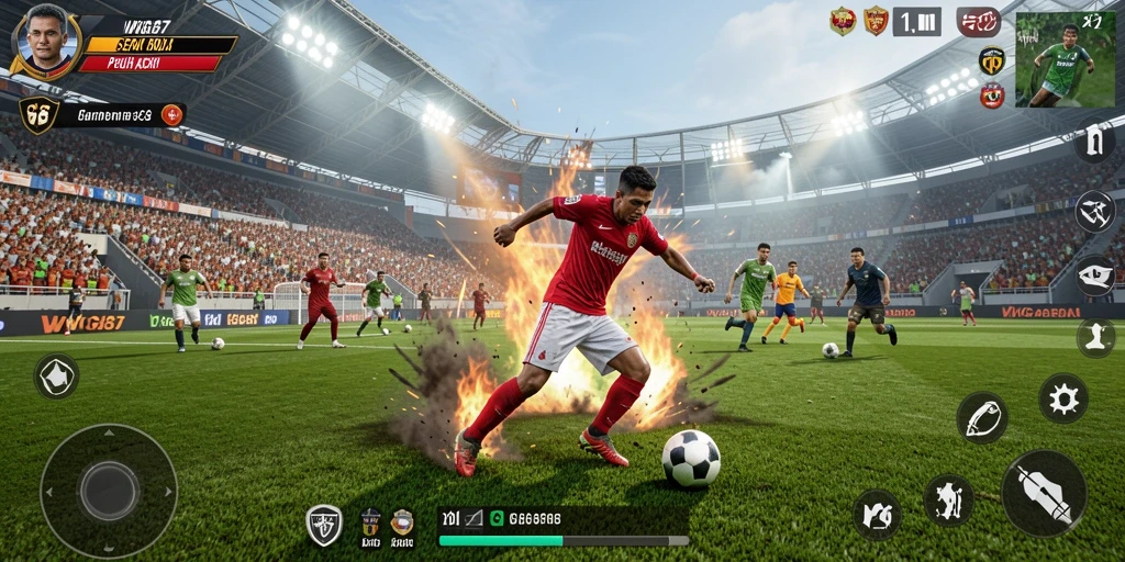 Screenshot utama WG87 menunjukkan aksi seru di lapangan sepak bola.
